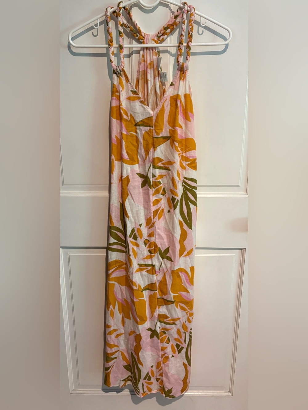 C&C California SleevelessBraided StrapLinen Blend Midi DressTropical FloralPrint